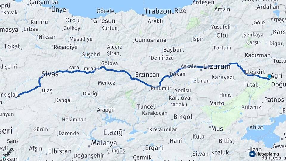 Ağrı Şarkışla Sivas Arası Kaç Km - Yol Haritası