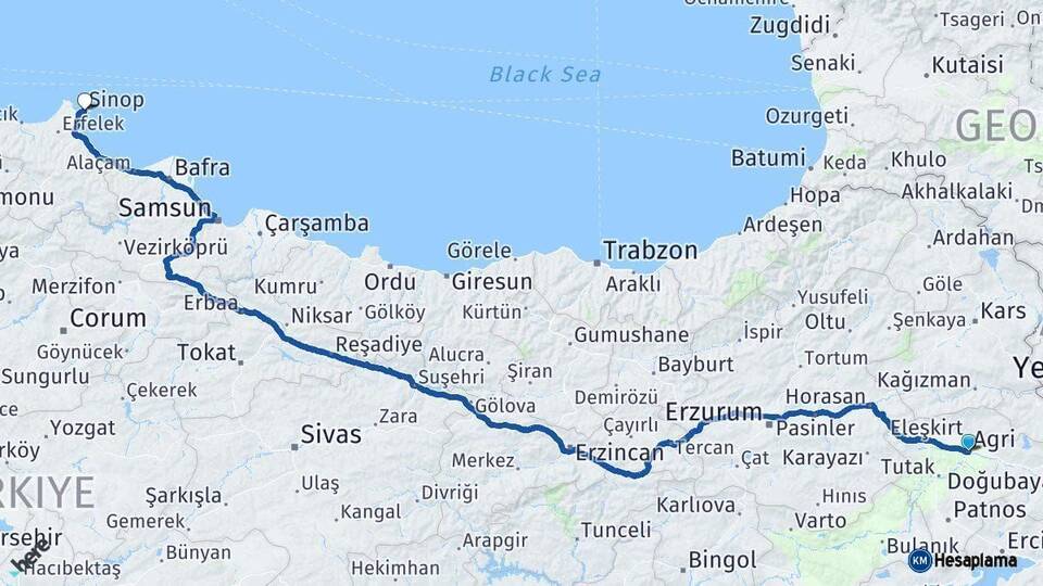 Ağrı Sinop Arası Kaç Km - Yol Haritası