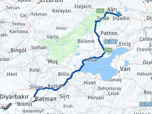 Ağrı Taşlıçay Batman Arası Kaç Km - Yol Haritası