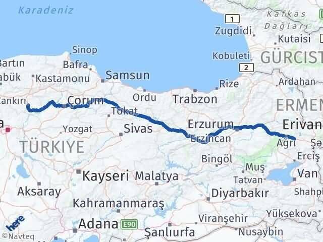 Ağrı Taşlıçay Çankırı Arası Kaç Km - Yol Haritası