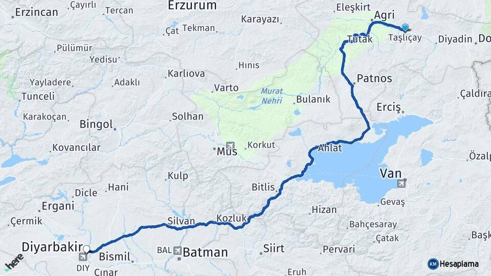 Ağrı Taşlıçay Diyarbakır Arası Kaç Km - Yol Haritası