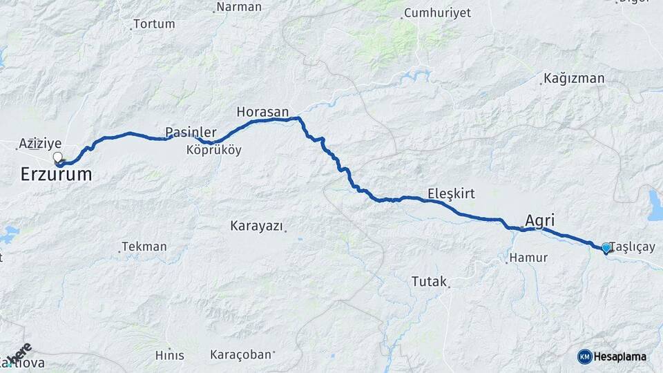 Ağrı Taşlıçay Erzurum Arası Kaç Km - Yol Haritası