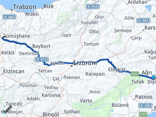 Ağrı Taşlıçay Gümüşhane Arası Kaç Km - Yol Haritası