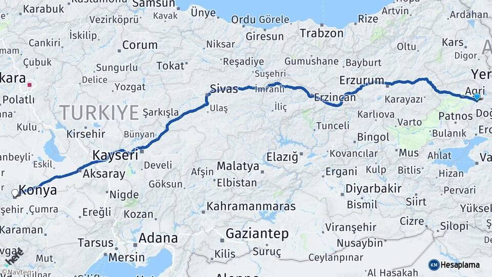 Ağrı Taşlıçay Konya Arası Kaç Km - Yol Haritası