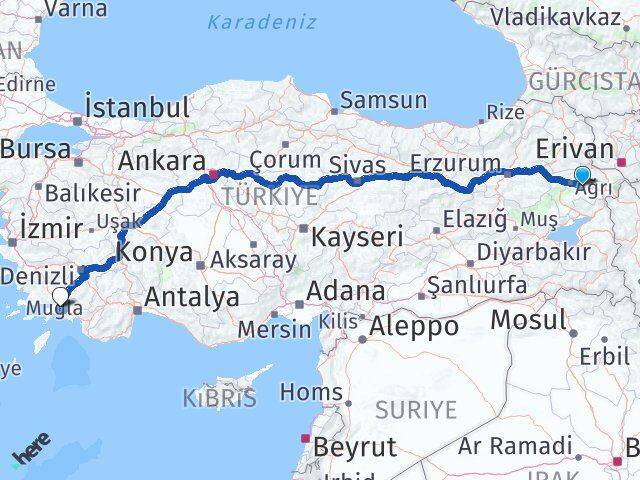 Ağrı Taşlıçay Muğla Arası Kaç Km - Yol Haritası