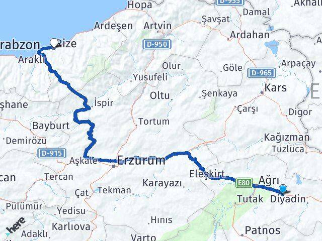 Ağrı Taşlıçay Rize Arası Kaç Km - Yol Haritası