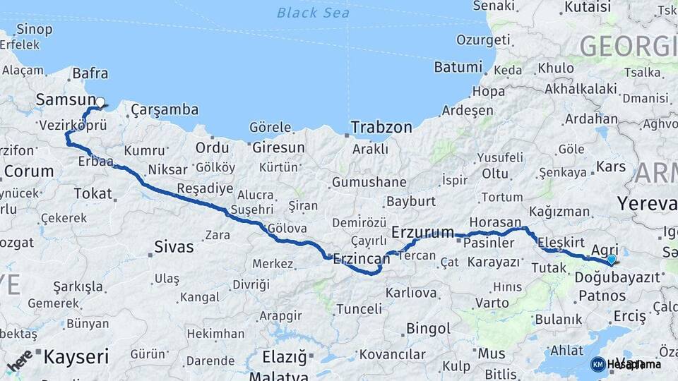 Ağrı Taşlıçay Samsun Arası Kaç Km - Yol Haritası