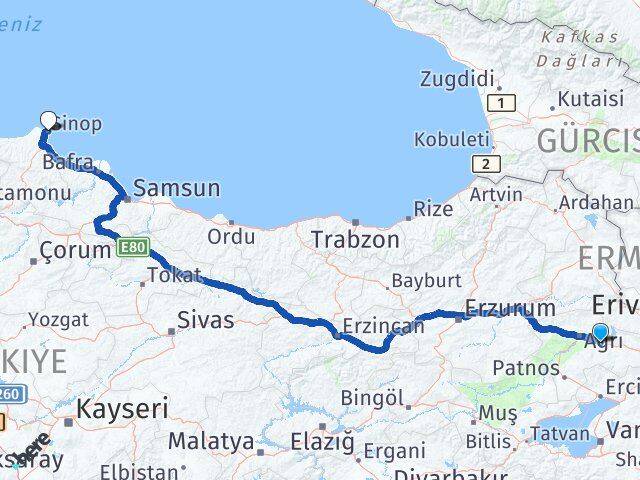 Ağrı Taşlıçay Sinop Arası Kaç Km - Yol Haritası