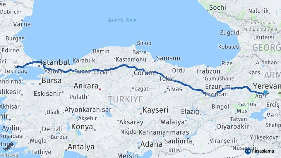 Ağrı Taşlıçay Tekirdağ Arası Kaç Km - Yol Haritası