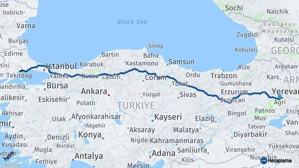 Ağrı Tekirdağ Arası Kaç Km - Yol Haritası