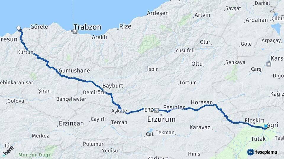 Ağrı Tirebolu Giresun Arası Kaç Km - Yol Haritası