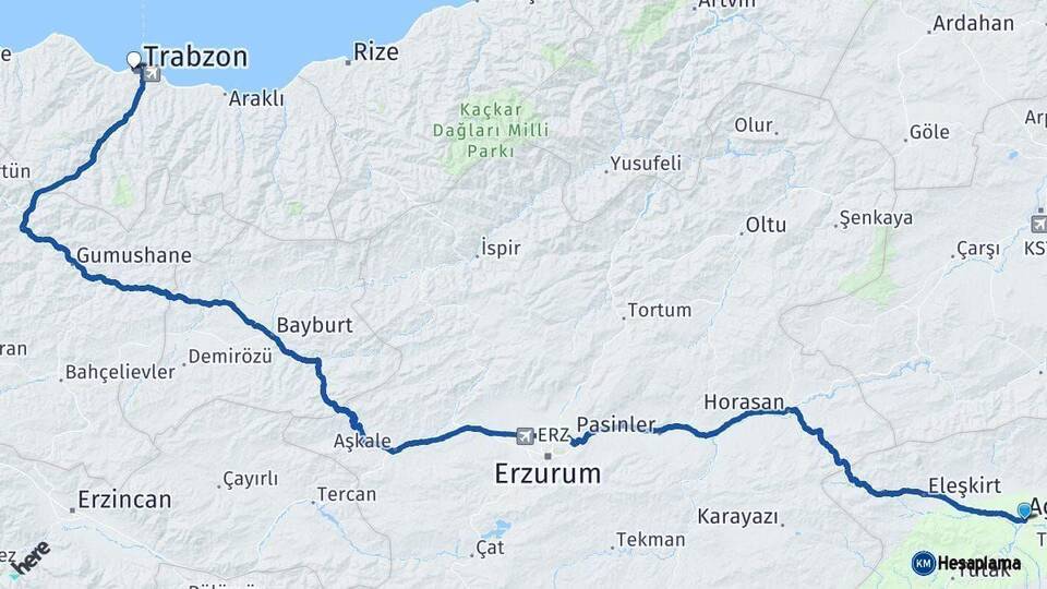 Ağrı Trabzon Arası Kaç Km - Yol Haritası