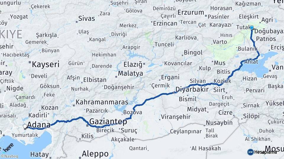 Ağrı Tutak Adana Arası Kaç Km - Yol Haritası