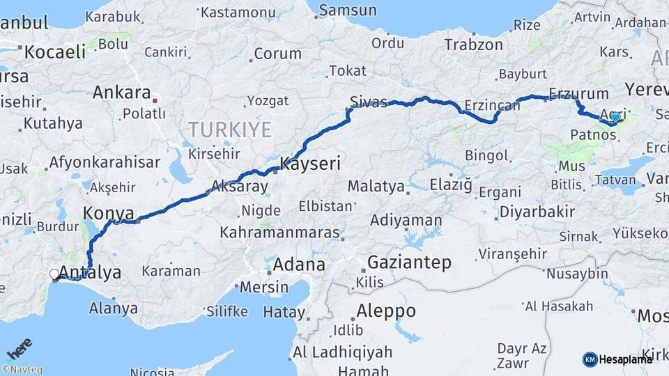 Ağrı Tutak Antalya Arası Kaç Km - Yol Haritası