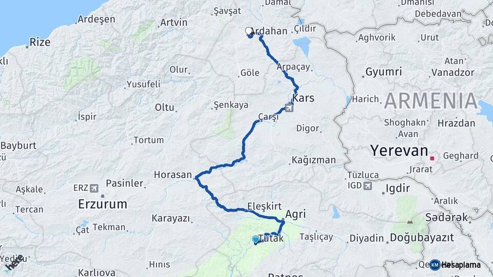 Ağrı Tutak Ardahan Arası Kaç Km - Yol Haritası