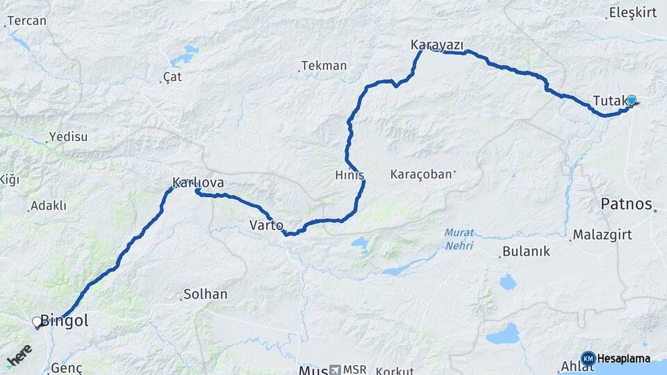 Ağrı Tutak Bingöl Arası Kaç Km - Yol Haritası