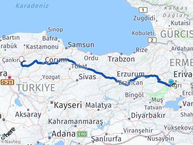 Ağrı Tutak Çankırı Arası Kaç Km - Yol Haritası