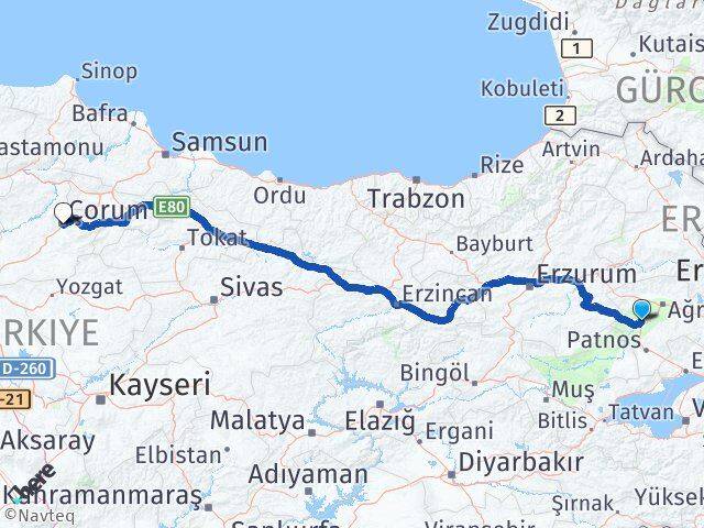Ağrı Tutak Çorum Arası Kaç Km - Yol Haritası