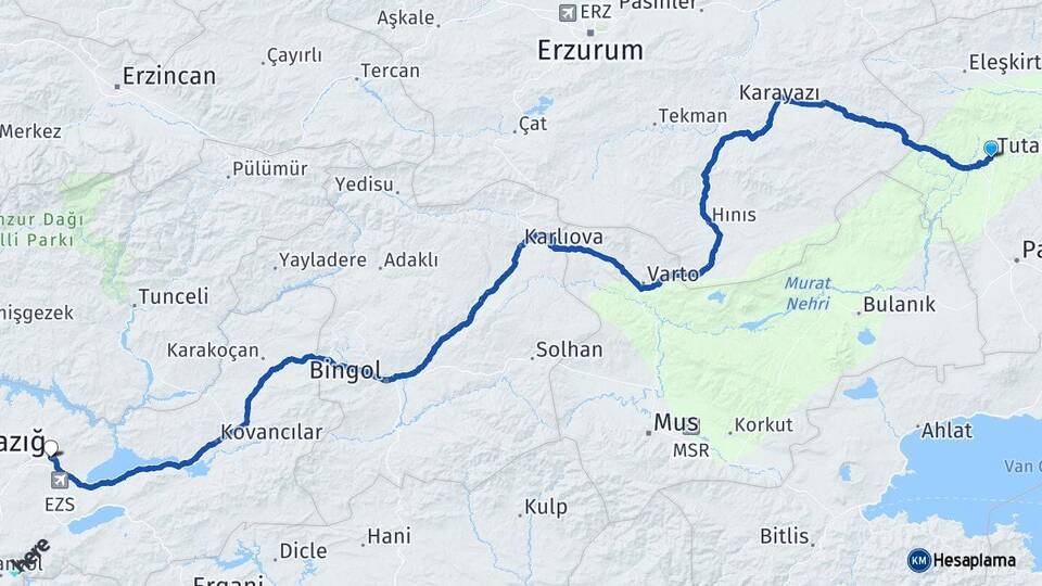 Ağrı Tutak Elazığ Arası Kaç Km - Yol Haritası