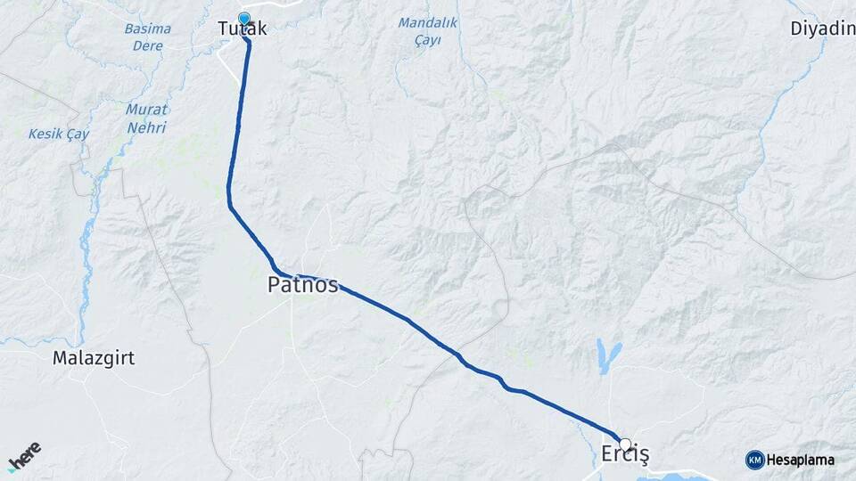 Ağrı Tutak Erciş Van Arası Kaç Km - Yol Haritası