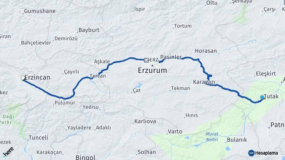 Ağrı Tutak Erzincan Arası Kaç Km - Yol Haritası