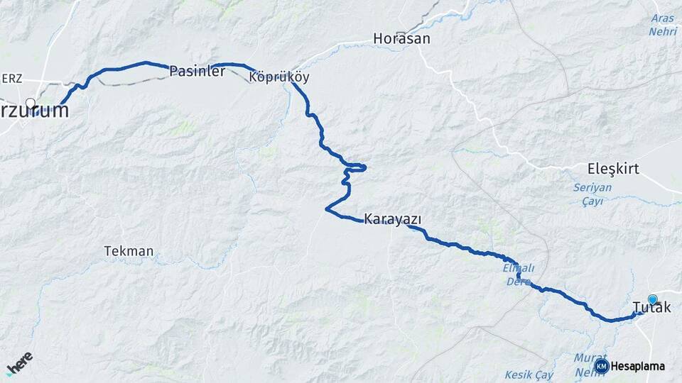 Ağrı Tutak Erzurum Arası Kaç Km - Yol Haritası