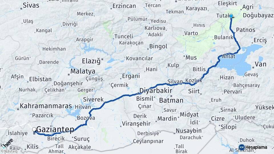 Ağrı Tutak Gaziantep Arası Kaç Km - Yol Haritası
