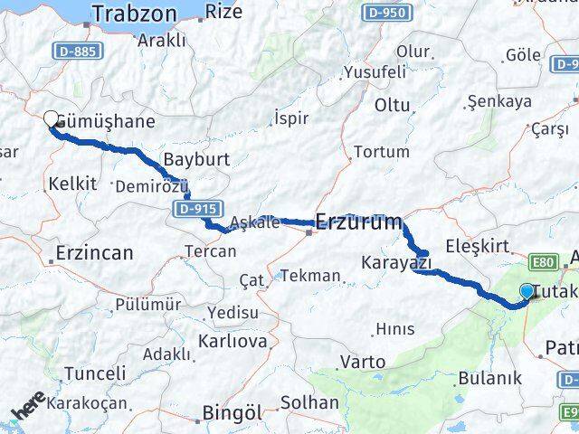 Ağrı Tutak Gümüşhane Arası Kaç Km - Yol Haritası