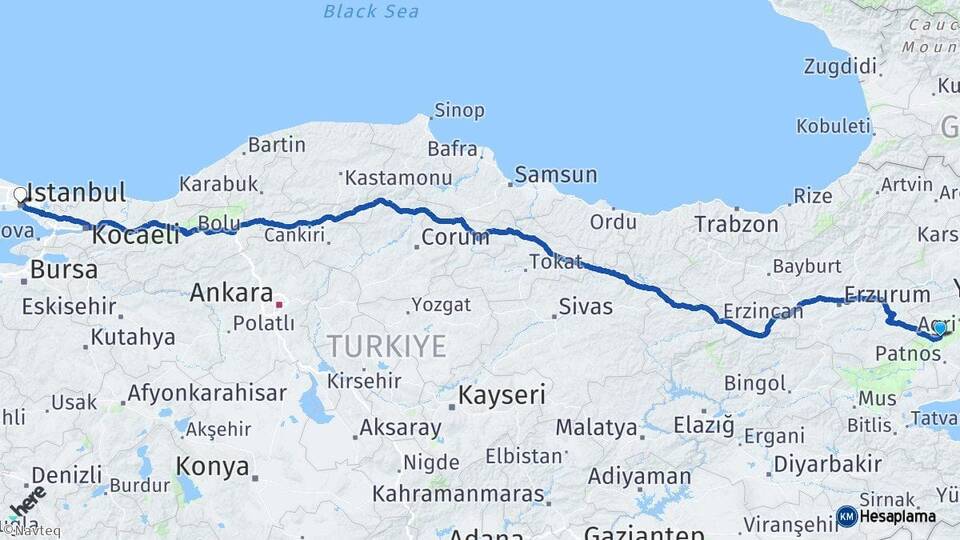 Ağrı Tutak İstanbul Arası Kaç Km - Yol Haritası