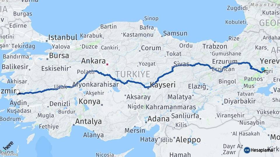 Ağrı Tutak İzmir Arası Kaç Km - Yol Haritası