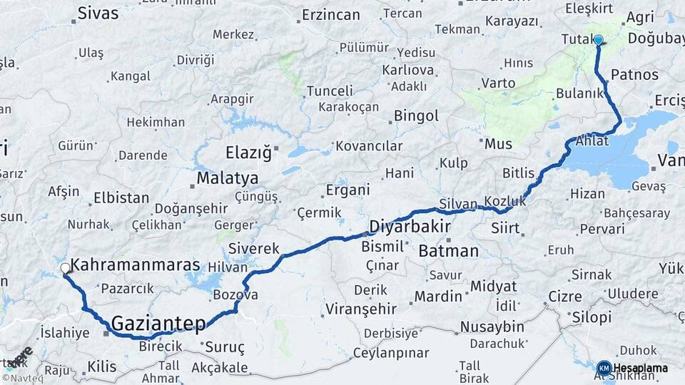 Ağrı Tutak Kahramanmaraş Arası Kaç Km - Yol Haritası