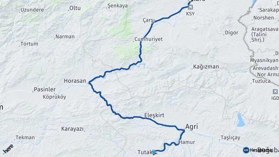 Ağrı Tutak Kars Arası Kaç Km - Yol Haritası