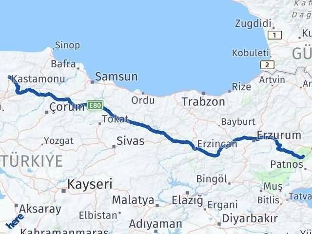 Ağrı Tutak Kastamonu Arası Kaç Km - Yol Haritası