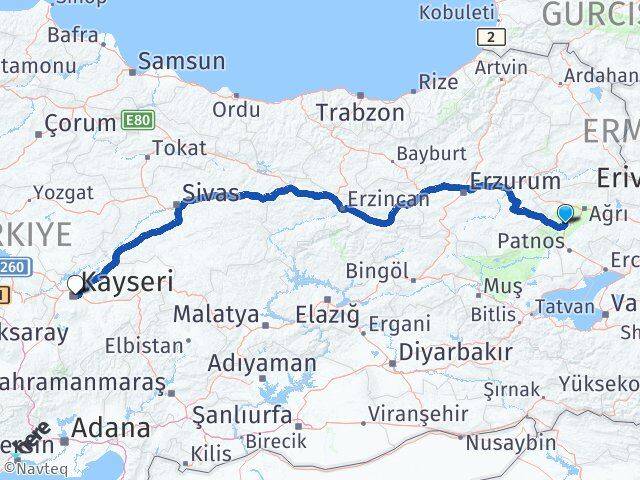 Ağrı Tutak Kayseri Arası Kaç Km - Yol Haritası