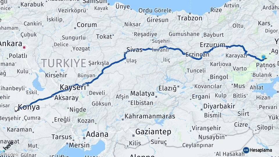 Ağrı Tutak Konya Arası Kaç Km - Yol Haritası