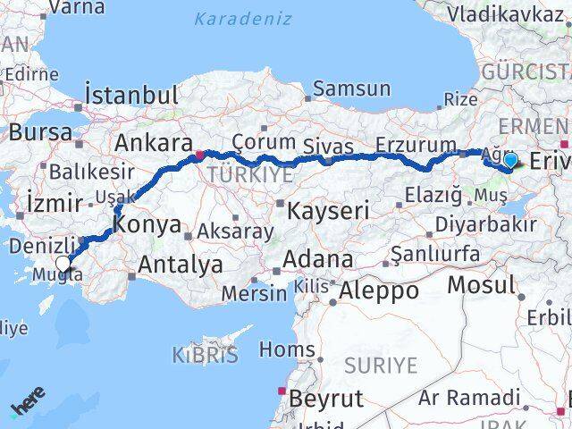 Ağrı Tutak Muğla Arası Kaç Km - Yol Haritası