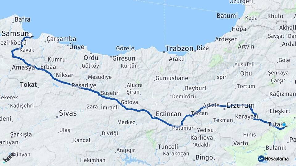 Ağrı Tutak Samsun Arası Kaç Km - Yol Haritası