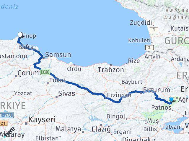 Ağrı Tutak Sinop Arası Kaç Km - Yol Haritası
