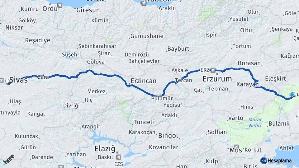 Ağrı Tutak Sivas Arası Kaç Km - Yol Haritası