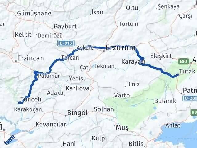 Ağrı Tutak Tunceli Arası Kaç Km - Yol Haritası