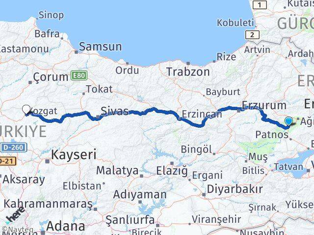 Ağrı Tutak Yozgat Arası Kaç Km - Yol Haritası