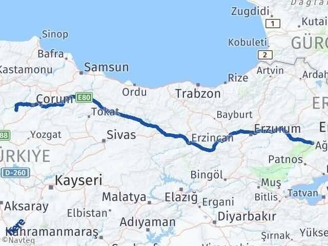 Ağrı Uğurludağ Çorum Arası Kaç Km - Yol Haritası