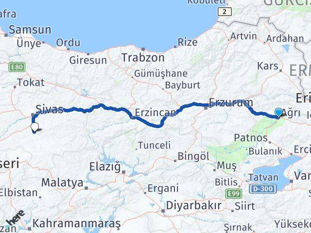 Ağrı Ulaş Sivas Arası Kaç Km - Yol Haritası