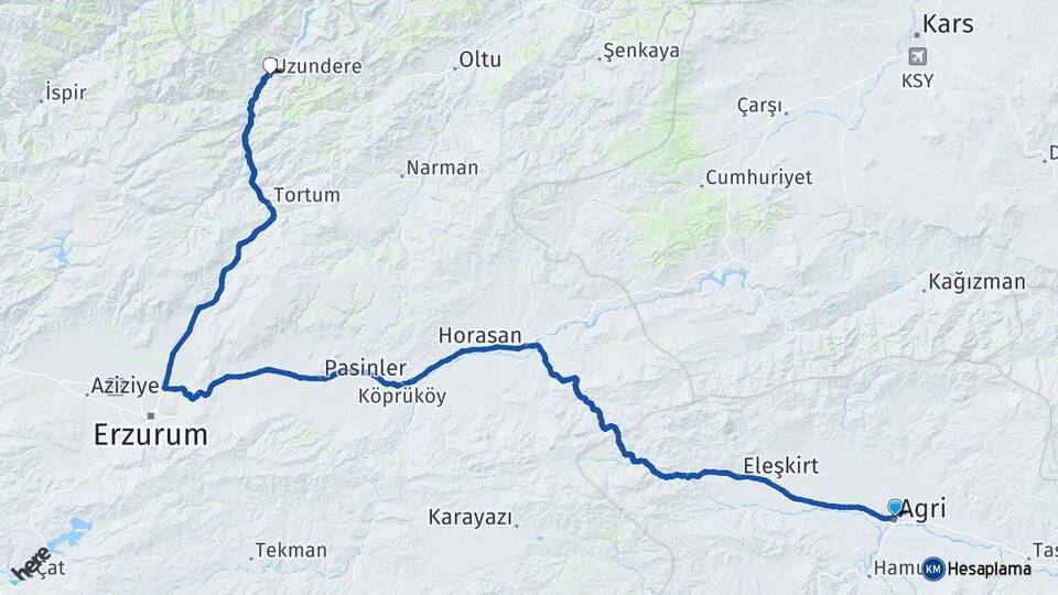 Ağrı Uzundere Erzurum Arası Kaç Km - Yol Haritası