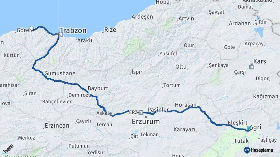 Ağrı Vakfıkebir Trabzon Arası Kaç Km - Yol Haritası