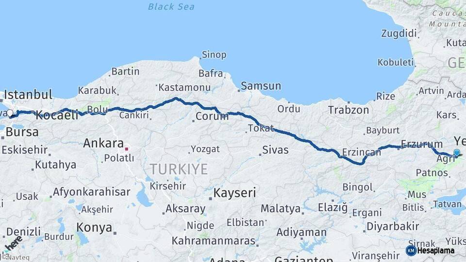 Ağrı Yalova Arası Kaç Km - Yol Haritası