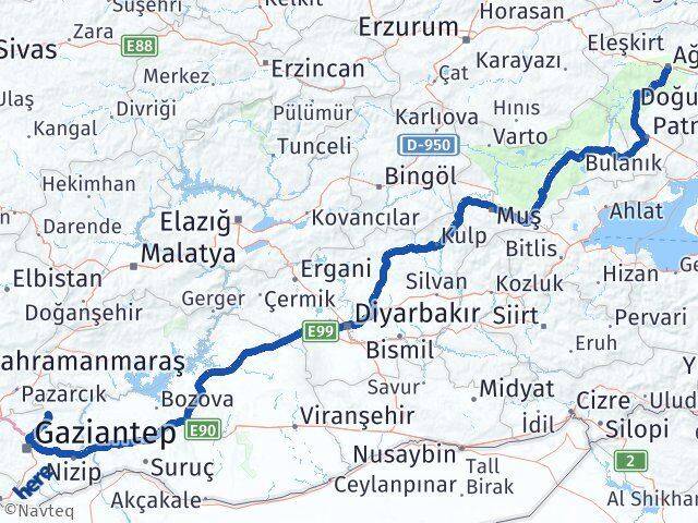Ağrı Yavuzeli Gaziantep Arası Kaç Km - Yol Haritası