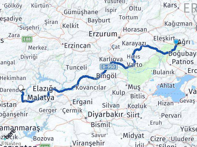 Ağrı Yazıhan Malatya Arası Kaç Km - Yol Haritası