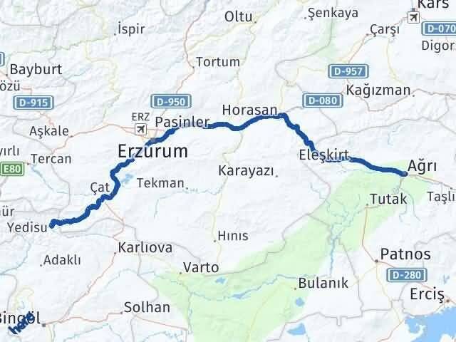 Ağrı Yedisu Bingöl Arası Kaç Km - Yol Haritası