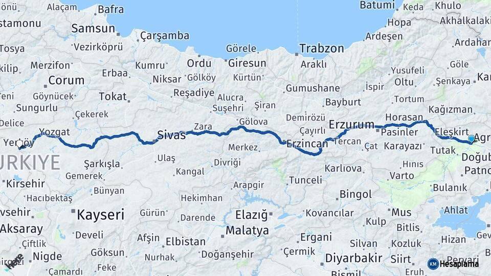 Ağrı Yerköy Yozgat Arası Kaç Km - Yol Haritası